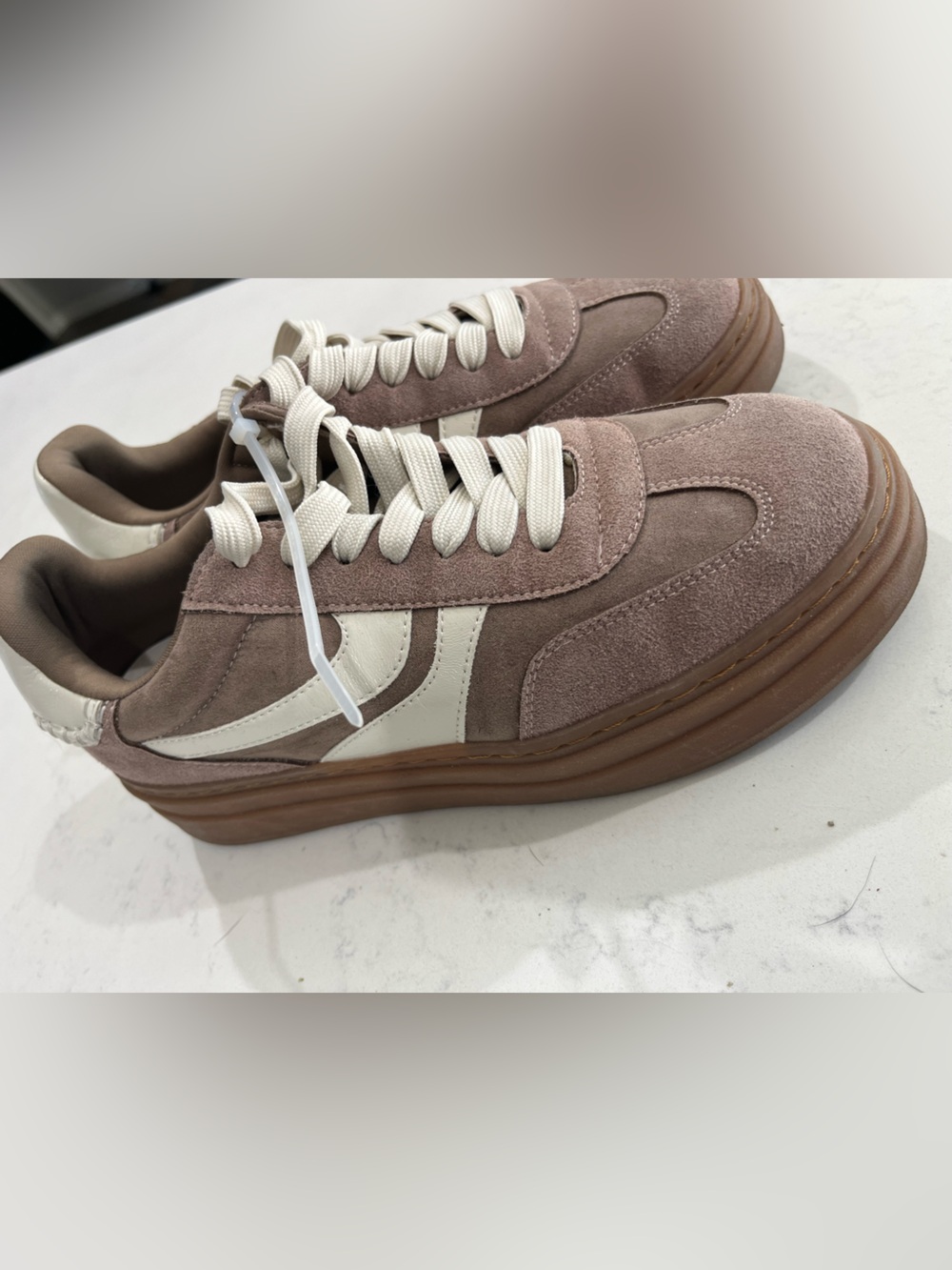 Women’s Suede Platform Sneakers in Taupe and White